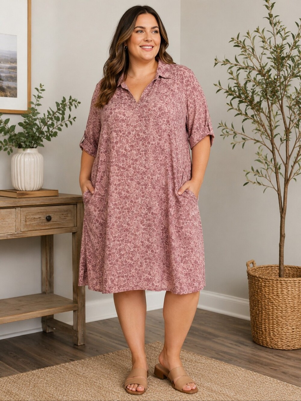 AMANA Pink Floral Collared Tunic Dress | 3X | Soft Boho Shift Dress